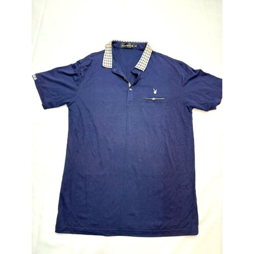 PLAYBOY Mens 115 Medium Navy Blue Short Sleeve Plaid Polo Golf Shirt AA20